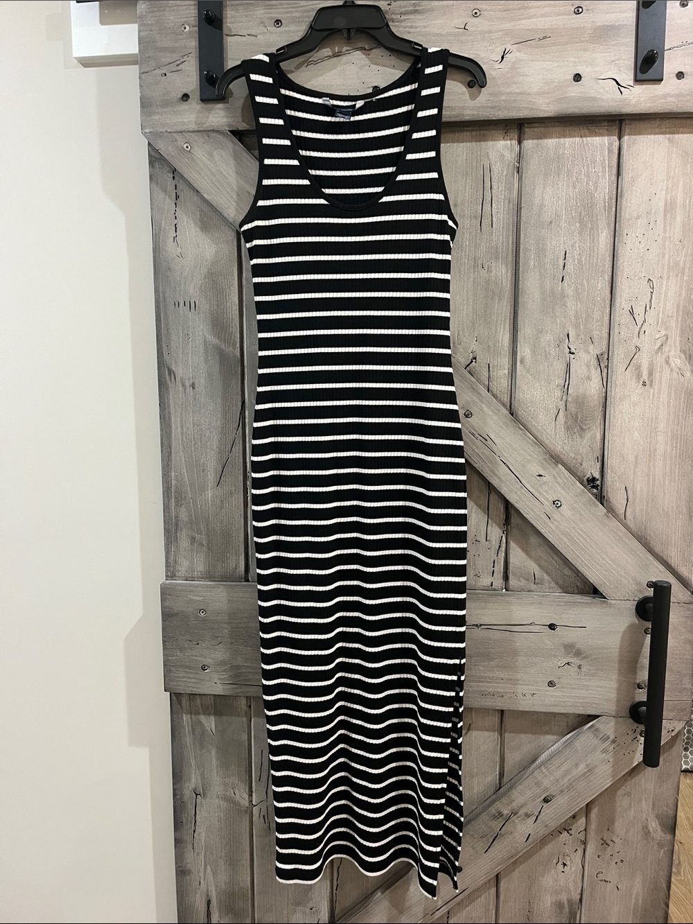 French Connection Black & White Striped Ribbed Tank Midi Dress